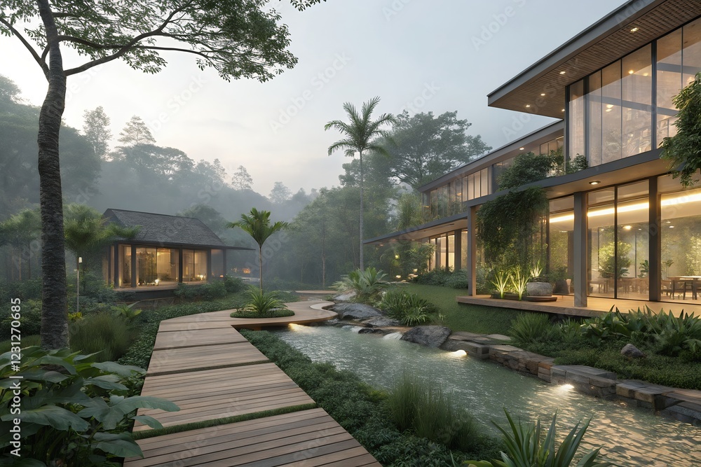 Fototapeta premium bridge over the river in the park with a sleek pool, modern planters, and low-maintenance greenery, blending indoor and outdoor living.