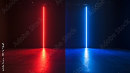 Striking Contrast of Vibrant Red and Brilliant Blue Laser Beams on a Dramatic Stage photo