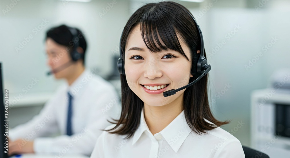 Professional Japanese Call Center Operator Providing Customer Support with a Friendly Smile Professional Japanese Call Center Operator Providing Customer Support with a Friendly Smile