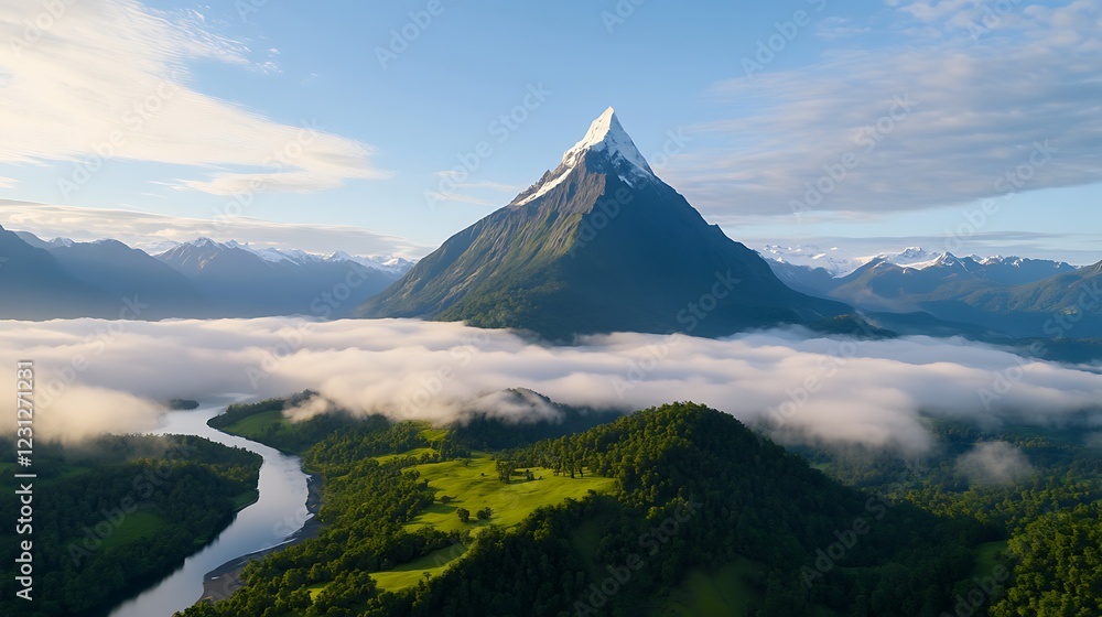 Fototapeta premium Serene Mountain Landscape with a Flowing River and Lush Greenery Under a Bright Blue Sky
