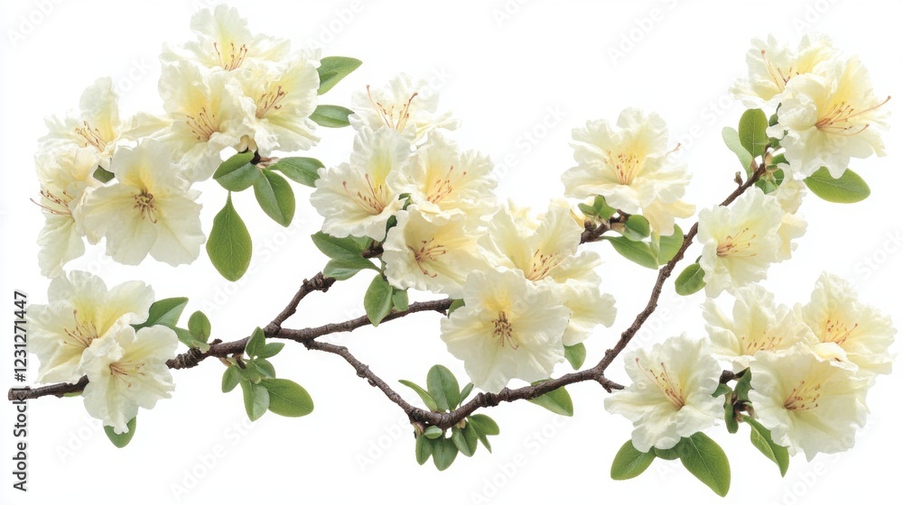 Fototapeta premium Beautiful White Blossoms on Branch with Fresh Green Leaves