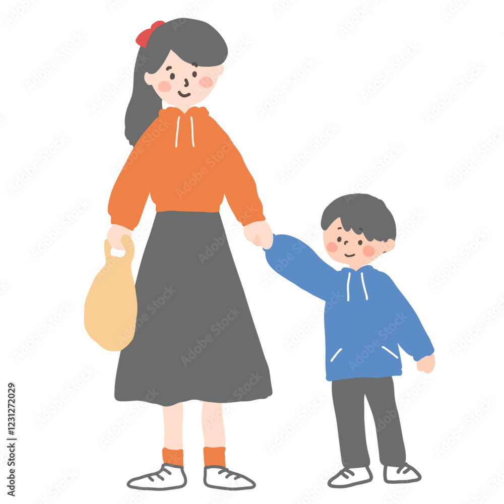 手を繋ぐ女性と男の子 手を繋ぐ女性と男の子