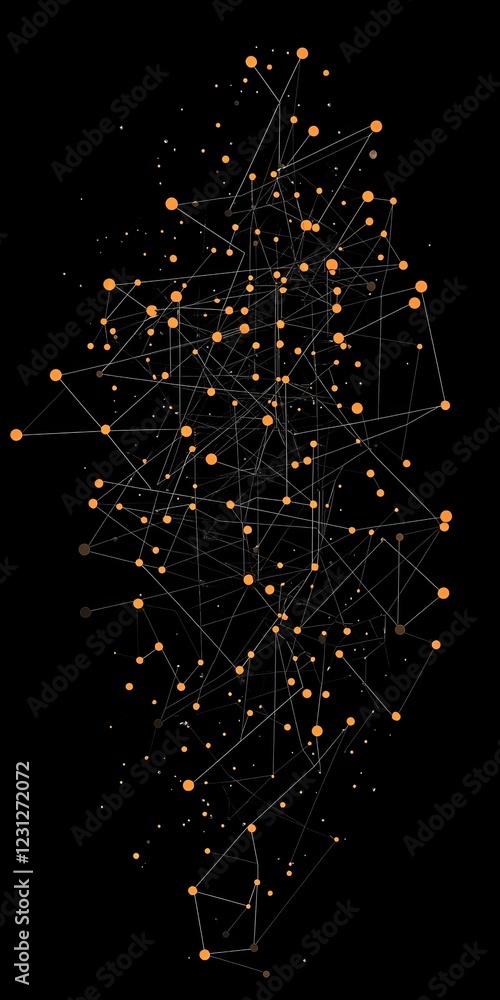 Fototapeta premium Abstract digital network with interconnected orange nodes on a black background, symbolizing data flow and connectivity.