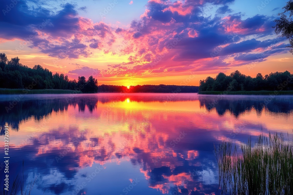 Fototapeta premium A colorful sunset reflecting off the surface of a calm lake, creating a glowing, serene atmosphere.