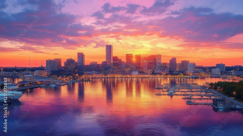Vibrant City Skyline Sunset Reflection Aerial View Baltimore Inner Harbor Maryland Vibrant City Skyline Sunset Reflection Aerial View Baltimore Inner Harbor Maryland