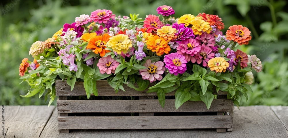 A summery arrangement with zinnias, cosmos, and snapdragons in bright shades, set on a rustic wooden crate. A summery arrangement with zinnias, cosmos, and snapdragons in bright shades, set on a rustic wooden crate.