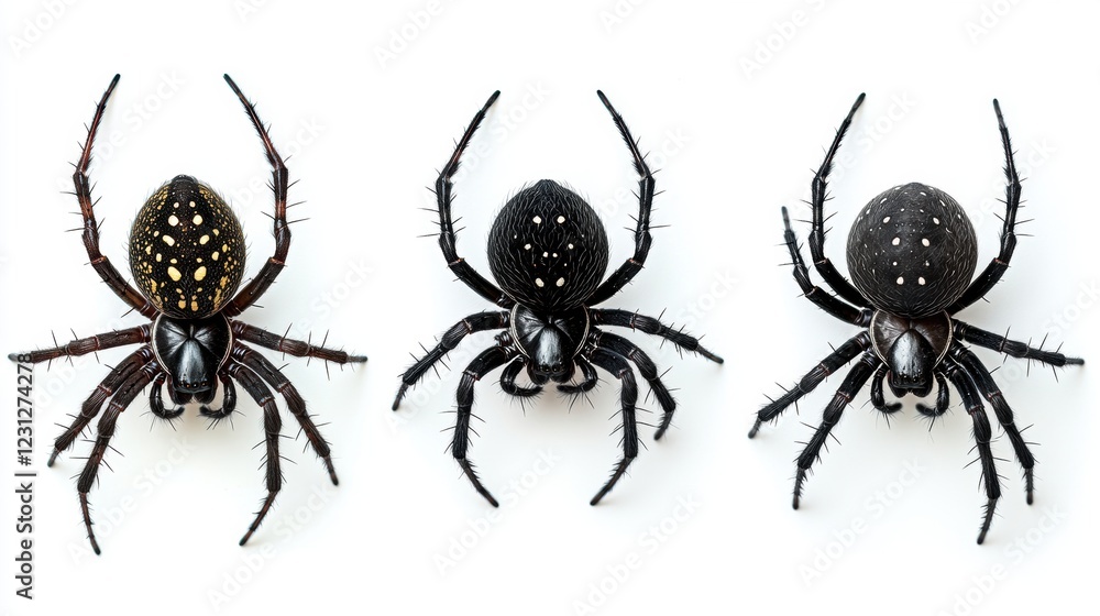 Three Unique Spiders with Distinctive Patterns on White Background Three Unique Spiders with Distinctive Patterns on White Background