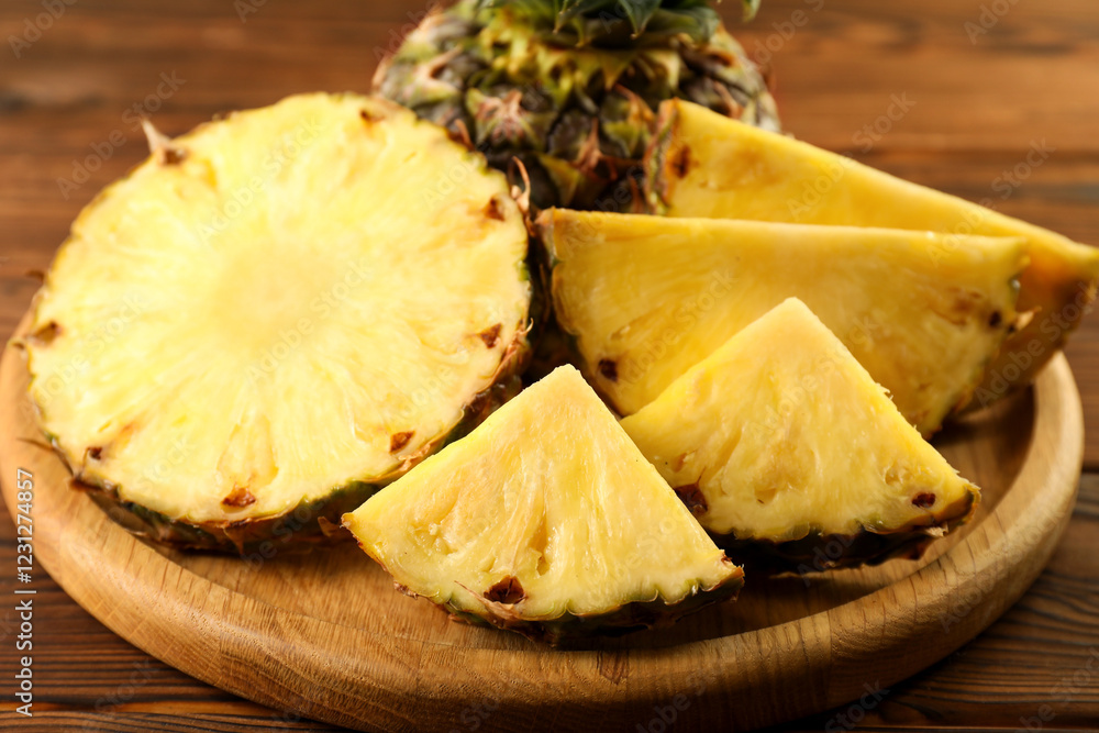 Cut fresh ripe pineapple on wooden table, closeup Cut fresh ripe pineapple on wooden table, closeup