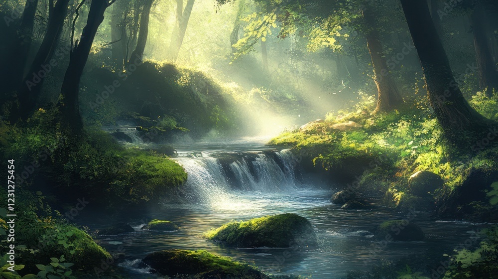Sunlit forest stream, misty morning, tranquil nature scene, idyllic background Sunlit forest stream, misty morning, tranquil nature scene, idyllic background