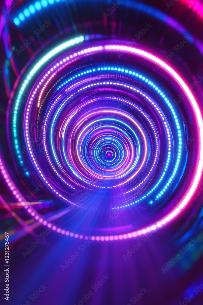 Naklejka premium Futuristic Neon Light Tunnel with Vibrant Circular Patterns and Dynamic Illumination