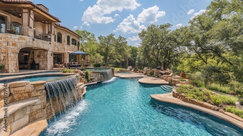Luxury poolside view, hill country estate, Texas