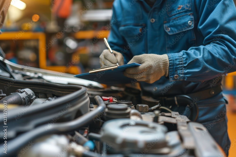 Mechanic s checklist evaluating engine repairs and maintenance in an automobile garage setting Mechanic s checklist evaluating engine repairs and maintenance in an automobile garage setting