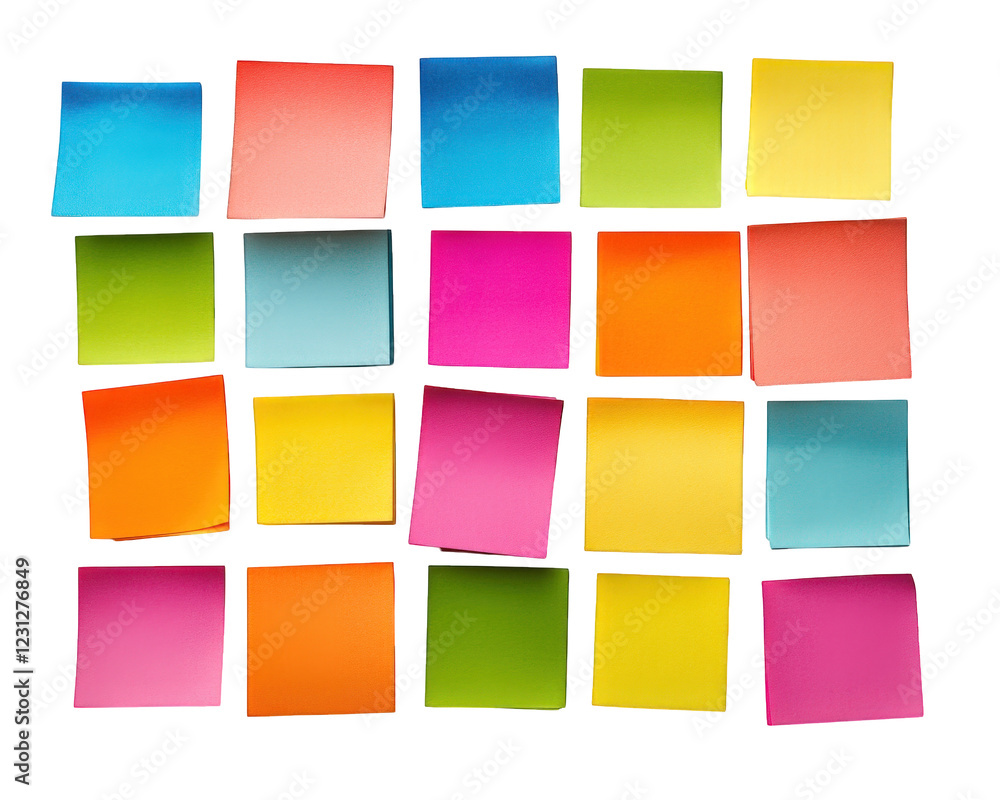 Colorful sticky notes arranged in grid pattern, showcasing various vibrant colors. Ideal for organization, reminders, and creative projects Colorful sticky notes arranged in grid pattern, showcasing various vibrant colors. Ideal for organization, reminders, and creative projects