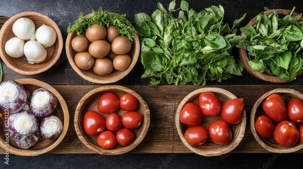 Fresh Organic Vegetables and Eggs in Wooden Bowls on Dark Surface Fresh Organic Vegetables and Eggs in Wooden Bowls on Dark Surface