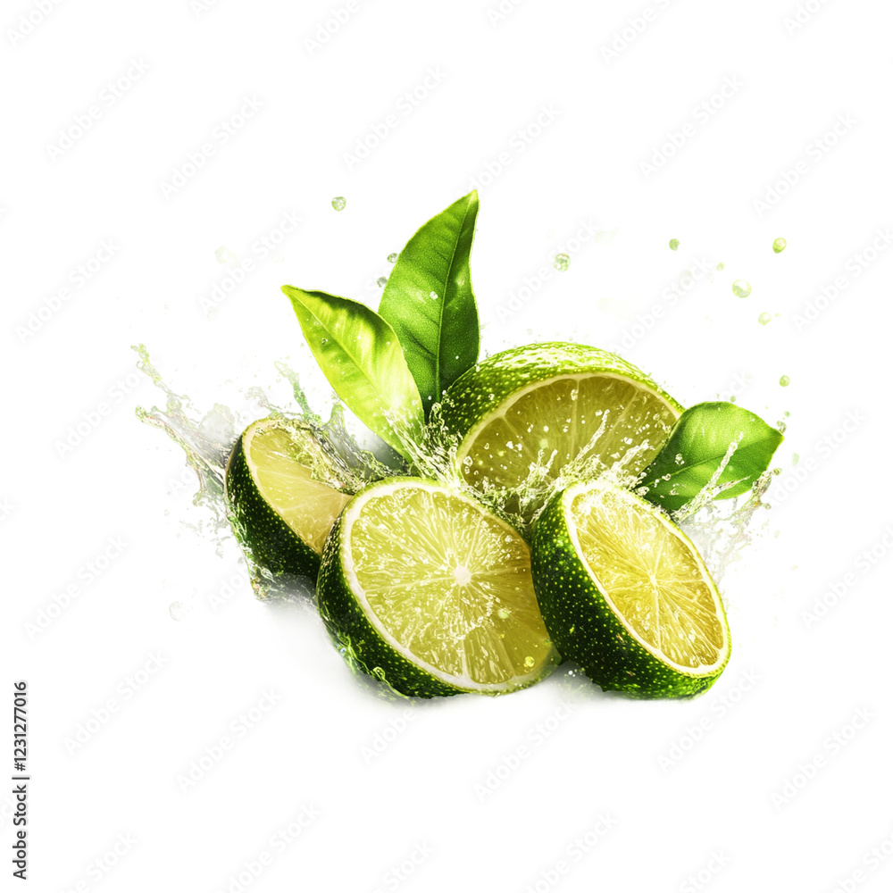 Fresh limes splashing with leaves digital abstract Fresh limes splashing with leaves digital abstract