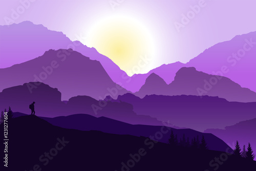 lonely tourist in the mountains with coniferous trees at dawn
