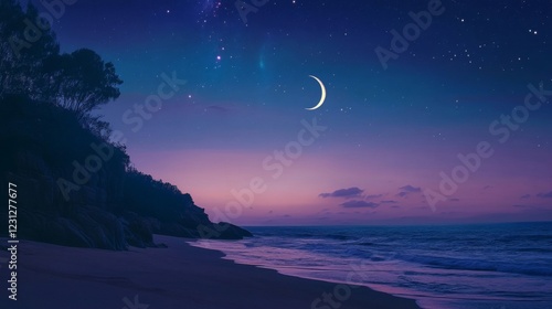 Serene Night Seascape: Crescent Moon and Starry Sky Over Purple Ocean Beach