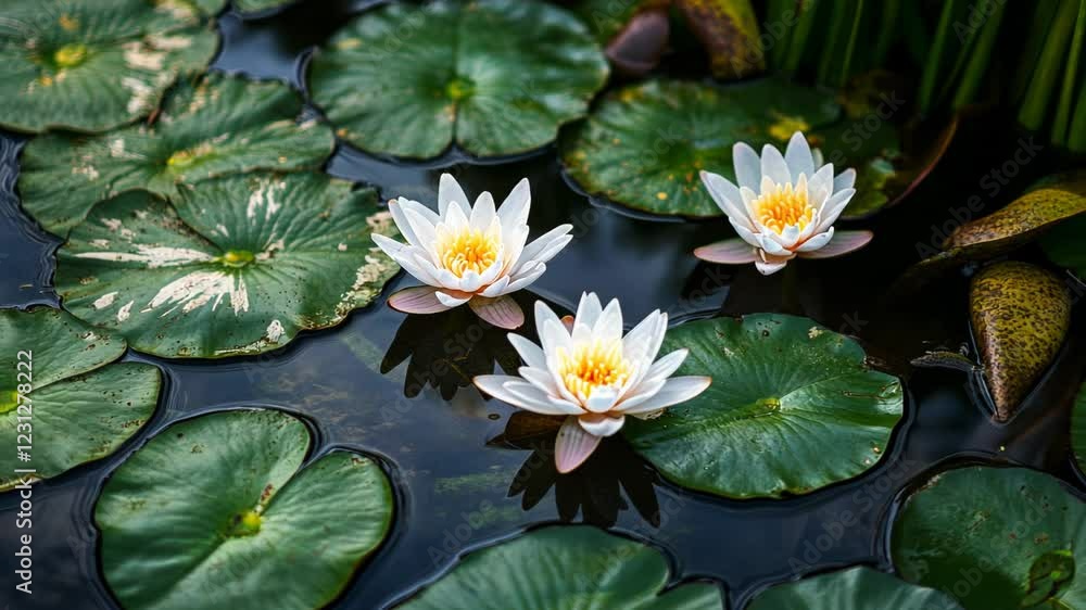 Three white water lilies blossom on lily pads in a calm pond. Three white water lilies blossom on lily pads in a calm pond.