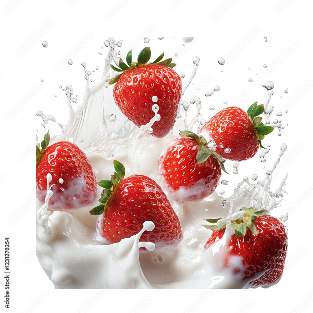 Fresh strawberries splashing into creamy milk Fresh strawberries splashing into creamy milk