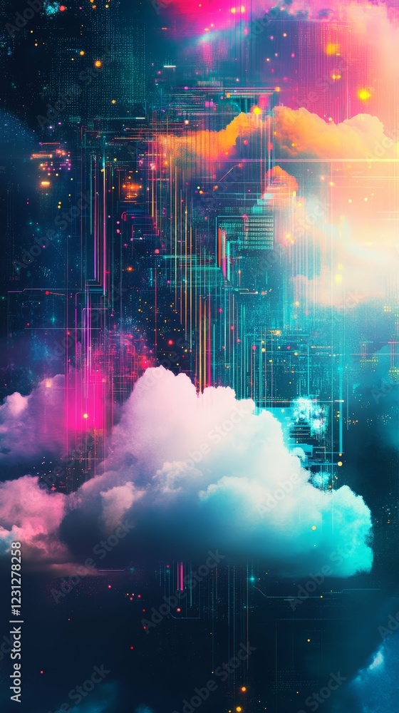 Obraz premium Futuristic Neon Cloudscape: Abstract Digital Art with Vivid Technological Patterns