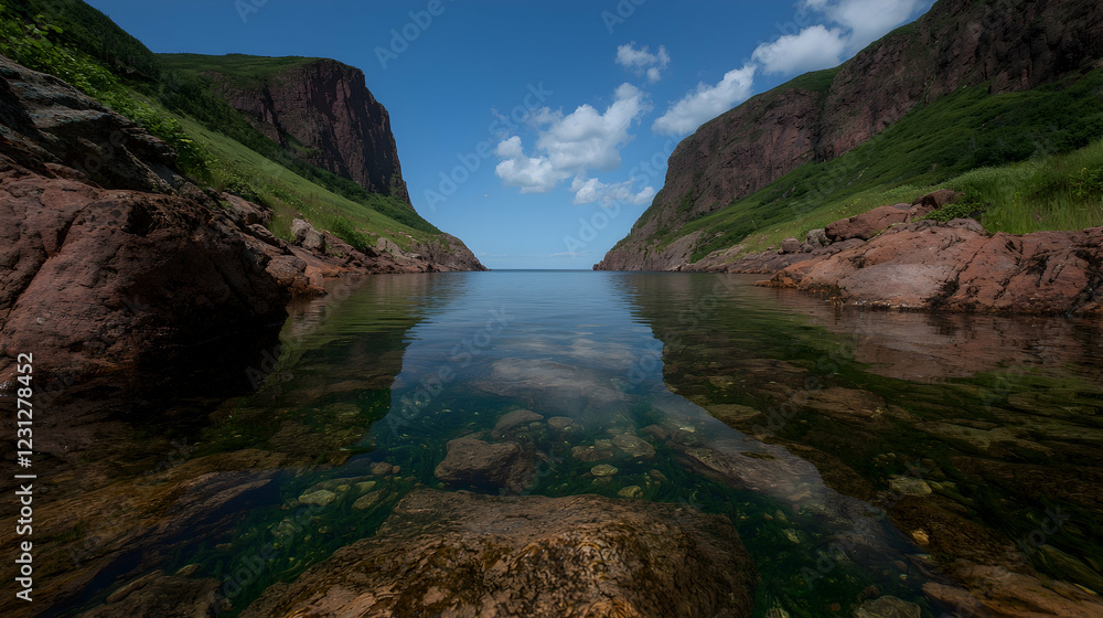 Calm coastal inlet between cliffs, clear water reflects sky. Use Travel brochure Calm coastal inlet between cliffs, clear water reflects sky. Use Travel brochure
