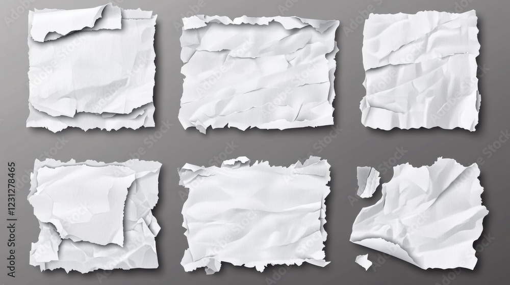 Various Textured Creased Paper Sheets on a Gray Background Various Textured Creased Paper Sheets on a Gray Background