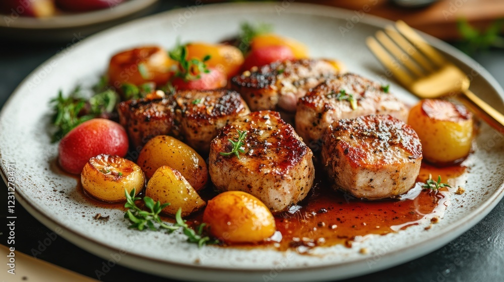 Seared pork medallions with roasted plums and thyme. Seared pork medallions with roasted plums and thyme.