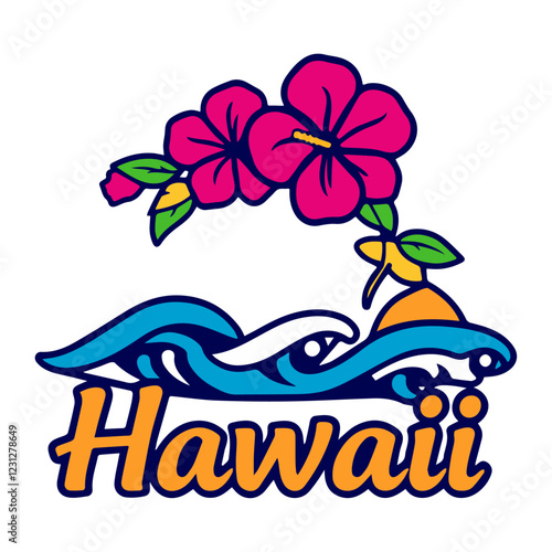 Hawaii Islands Emblem with Hibiscus Flowers and Ocean Waves