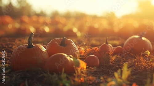A field of pumpkins with the sun shining on them