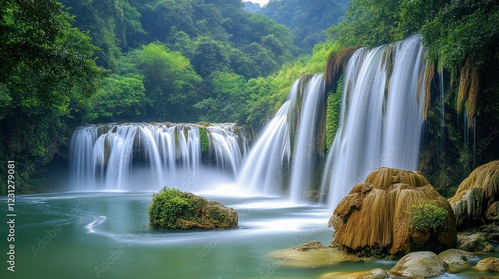 Obraz premium Serene waterfall cascading into lush green pool, tropical forest backdrop; nature travel