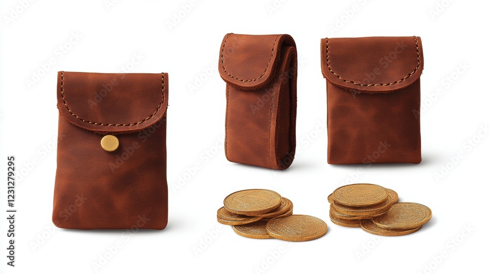 Handcrafted Brown Leather Pouches with Decorative Coins Displayed Handcrafted Brown Leather Pouches with Decorative Coins Displayed