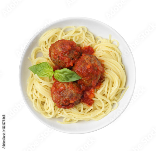 Delicious pasta with meatballs in bowl isolated on white, top view