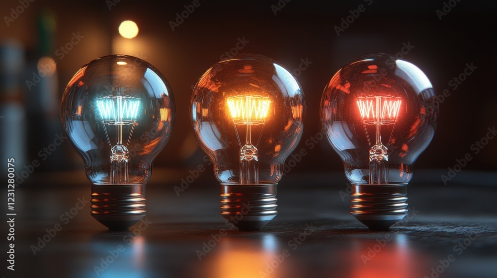 Glowing Light Bulbs in a Darkened Space with Vivid Colors Glowing Light Bulbs in a Darkened Space with Vivid Colors