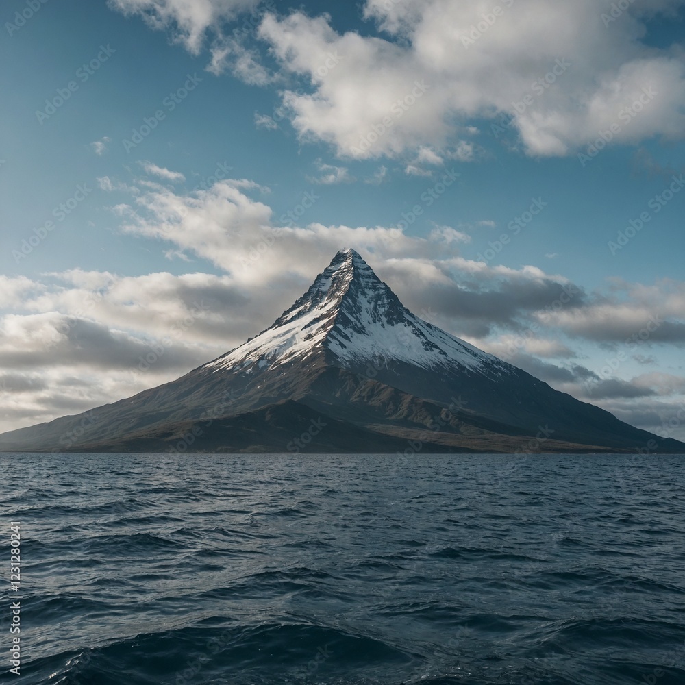 A lonely mountain peak rising above an endless ocean. A lonely mountain peak rising above an endless ocean.