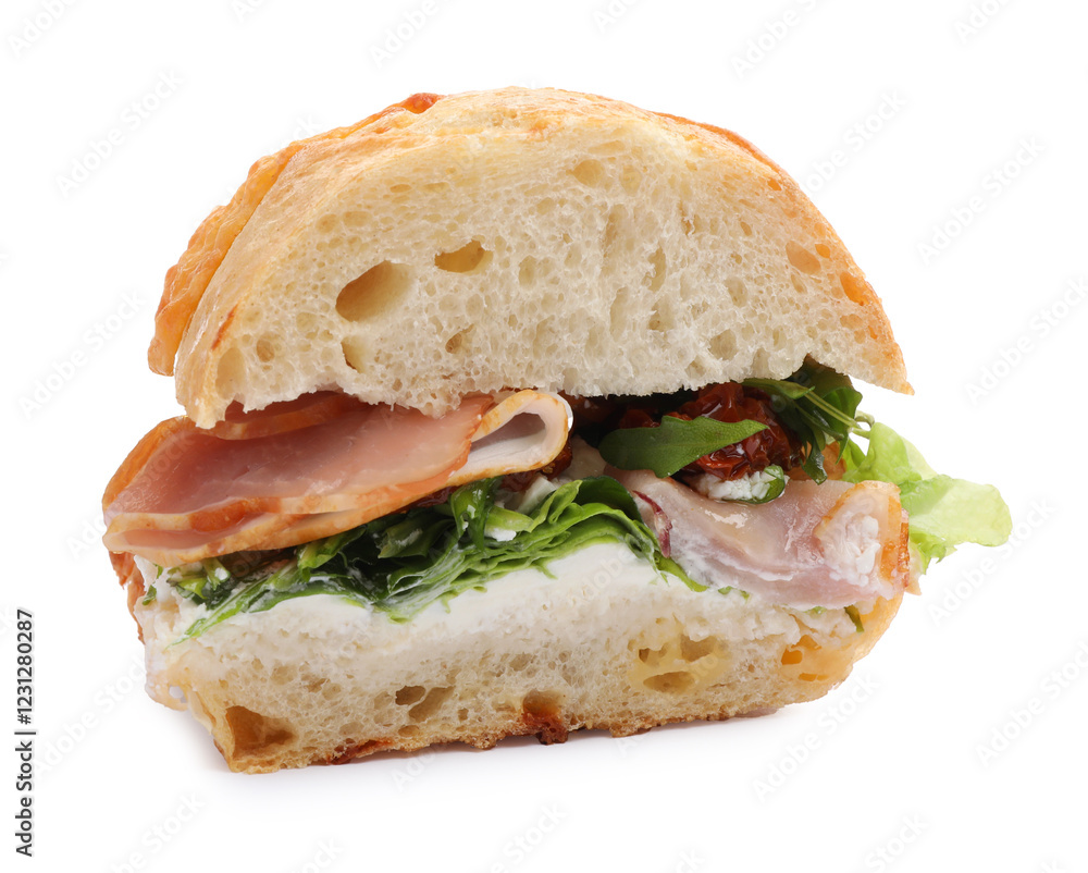 Delicious sandwich with prosciutto and sun dried tomatoes isolated on white Delicious sandwich with prosciutto and sun dried tomatoes isolated on white