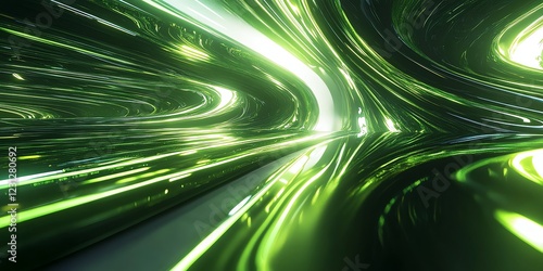 Futuristic curved and wavey lines, 3D, reflective, green and black, pattern, 32K, Unreal Engine 5 rendering, cinematic lighting, green neon glow, cyberpunk-inspired aesthetic.