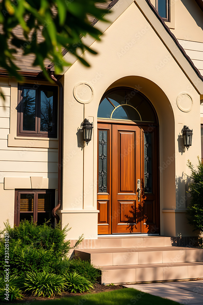Fototapeta premium Elegant Home Entrance: Architectural Design and Landscaping. Discover the beauty of this luxury house's exterior, showcasing its stunning front door, landscaping, and architectural details.