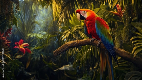 Wallpaper Mural Vibrant Parrot Perched on a Branch with Colorful Feathers Against a Tropical Backdrop of Lush Palm Trees and Exotic Flowers: Capturing the Lively Nature of an Exotic Bird in Its Natural Habitat Torontodigital.ca