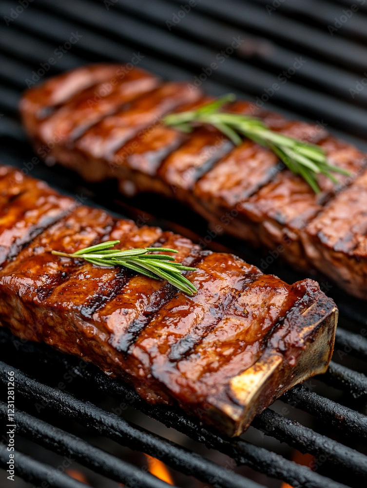 Grilling steak with herbs on a barbecue in summer Grilling steak with herbs on a barbecue in summer
