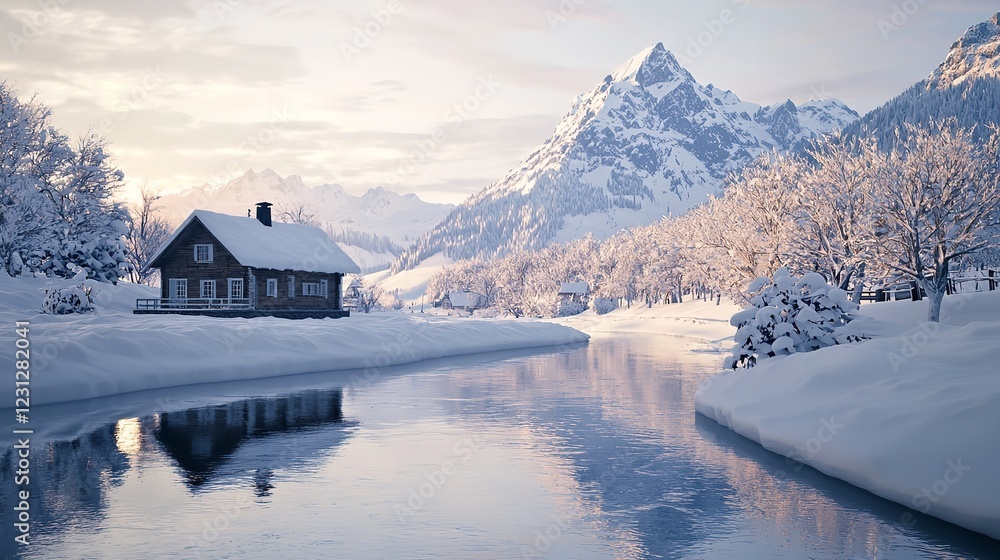 A Serene Winter Landscape Featuring a Bridge with Snow-Covered Surroundings A Serene Winter Landscape Featuring a Bridge with Snow-Covered Surroundings