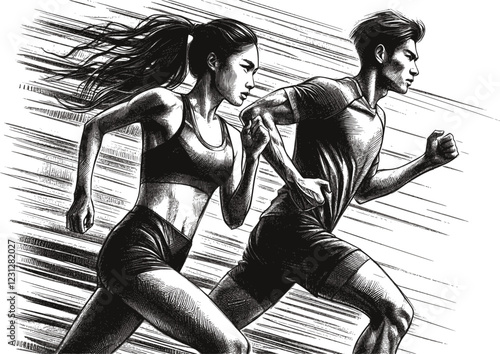 Running man and woman, isolated vector charcoal silhouettes. Run, side view. Charcoal sketches of athletic looking male and female runners running. EPS 10 version.