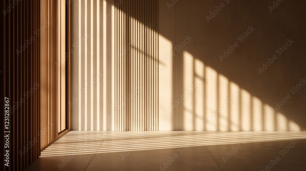 Sunlight Streaming Through Wooden Slats and Casting Shadows on a Beige Wall Sunlight Streaming Through Wooden Slats and Casting Shadows on a Beige Wall