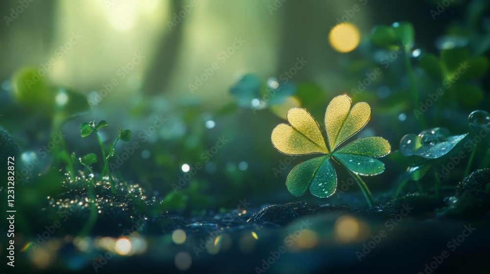 Closeup of a Dew-Covered Clover Leaf in a Dark Green Forest at Dawn Closeup of a Dew-Covered Clover Leaf in a Dark Green Forest at Dawn