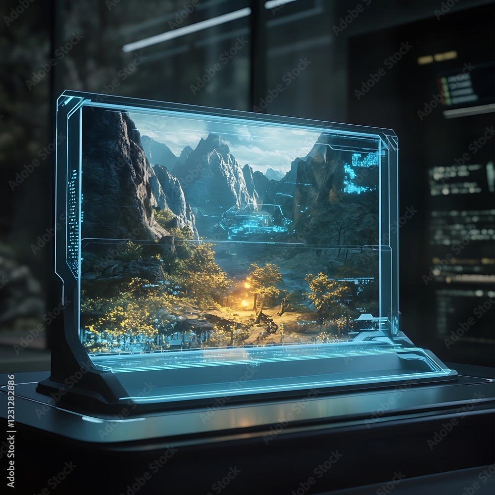 A futuristic storytelling device projecting a 3D hologram an adventurous scene, with dynamic lighting effects highlighting the action.