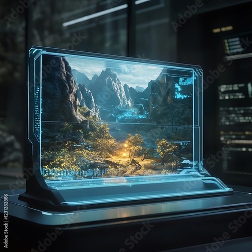 A futuristic storytelling device projecting a 3D hologram an adventurous scene, with dynamic lighting effects highlighting the action. 