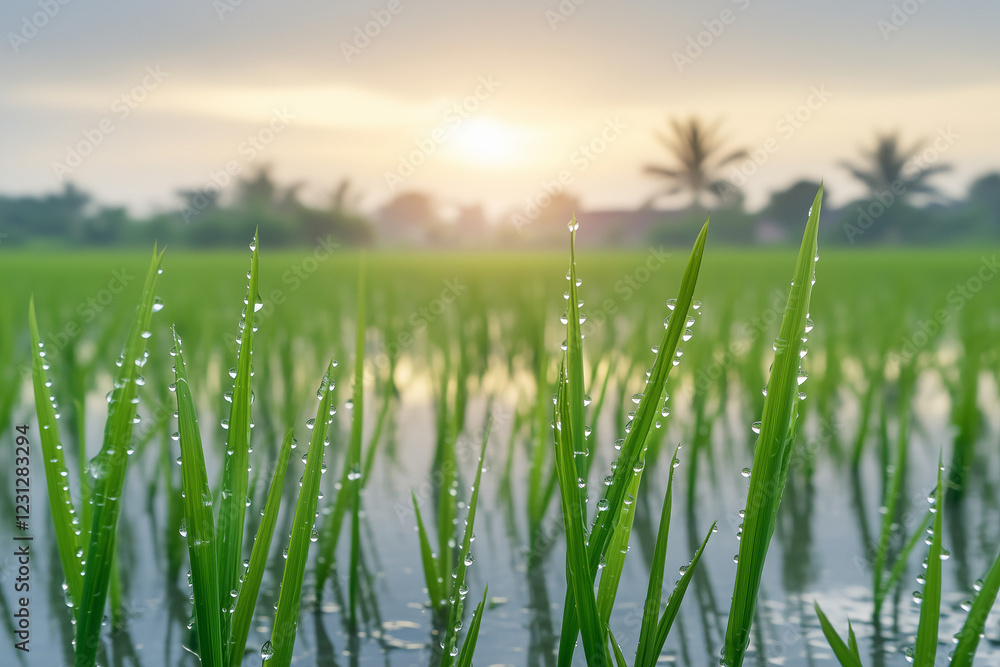 Fototapeta premium Misty paddy field at dawn, dewdrops glistening on rice stalks as fog drifts over the land with copy space. Warm soft lighting. 