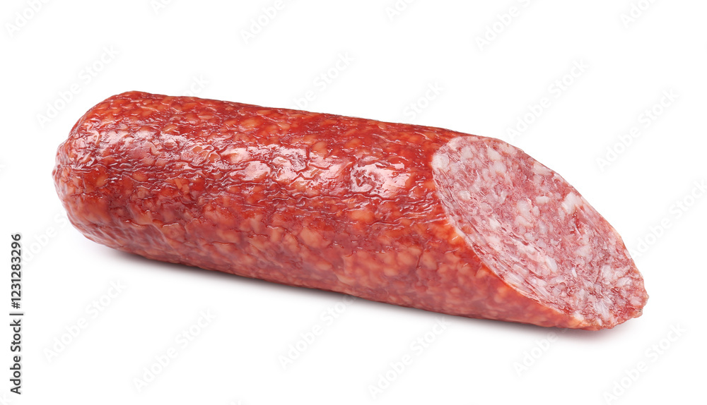 Piece of delicious smoked sausage isolated on white Piece of delicious smoked sausage isolated on white