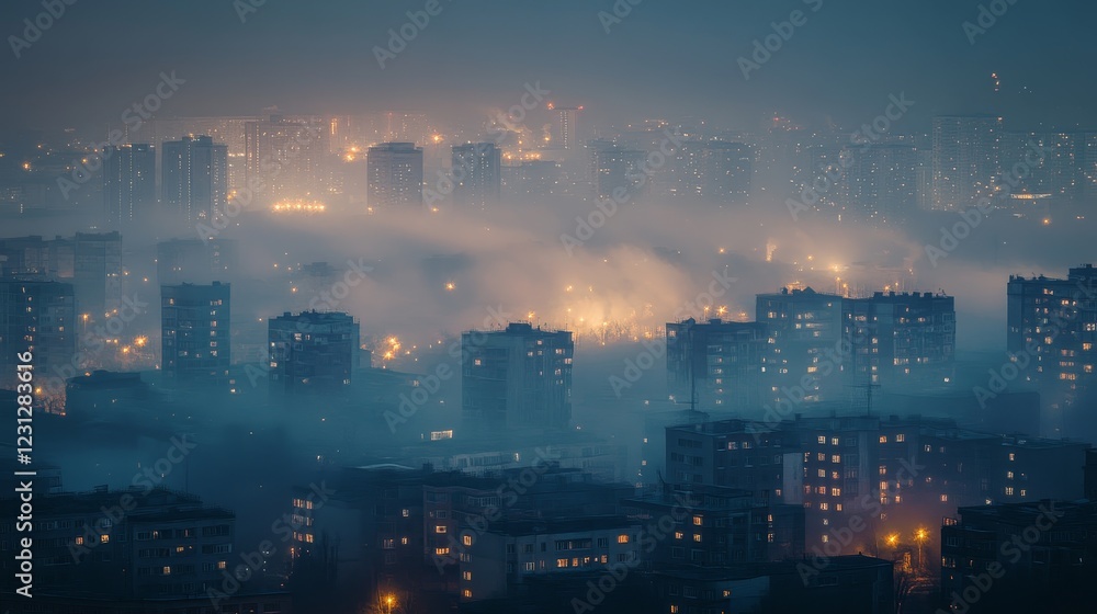 Fototapeta premium Urban Cityscape at Night with Fog and Distant City Lights