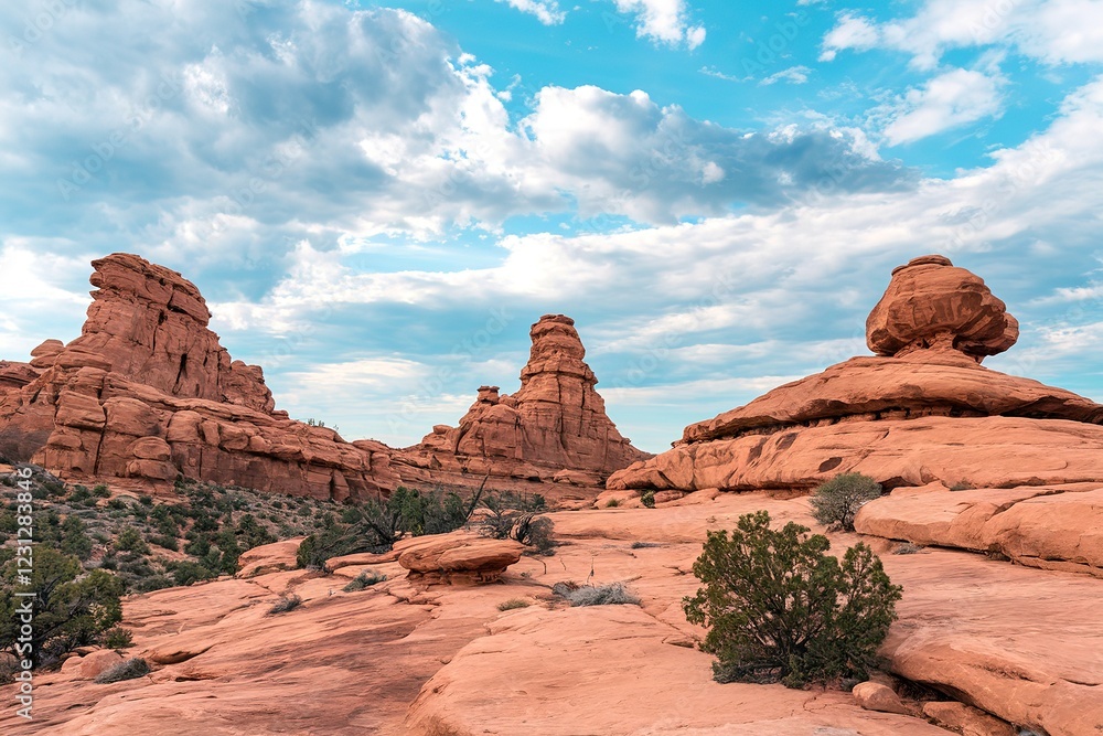 Fototapeta premium Brown rock formation under white and blue cloudy sky