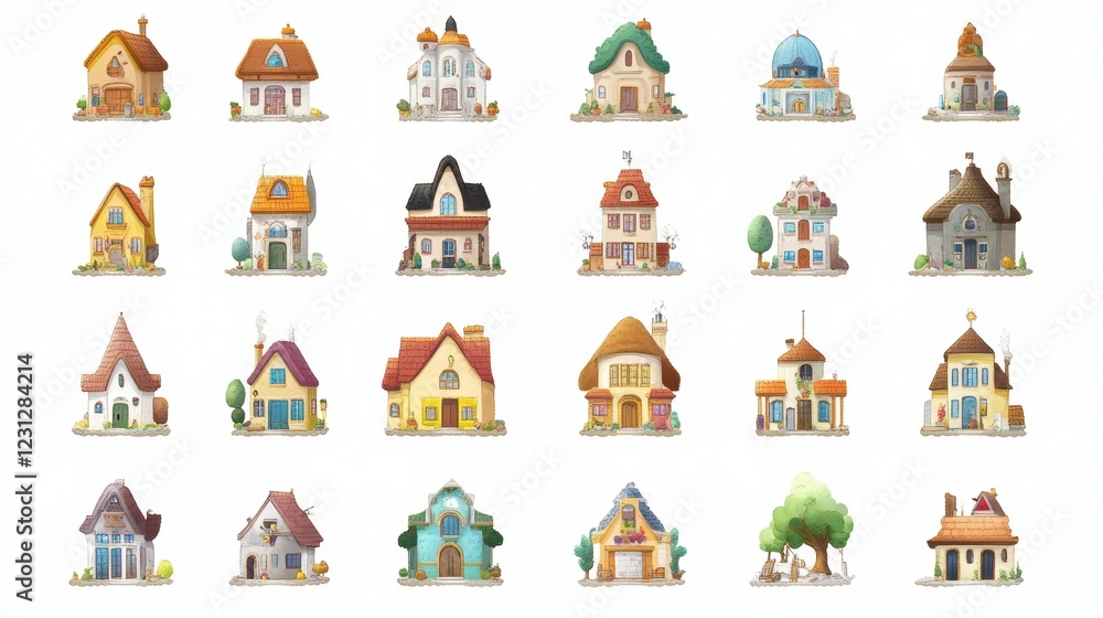 Obraz premium A vibrant collection of colorful cartoon houses, perfect for art projects, illustrations, and design inspirations. Ideal for children's themes and creative works.